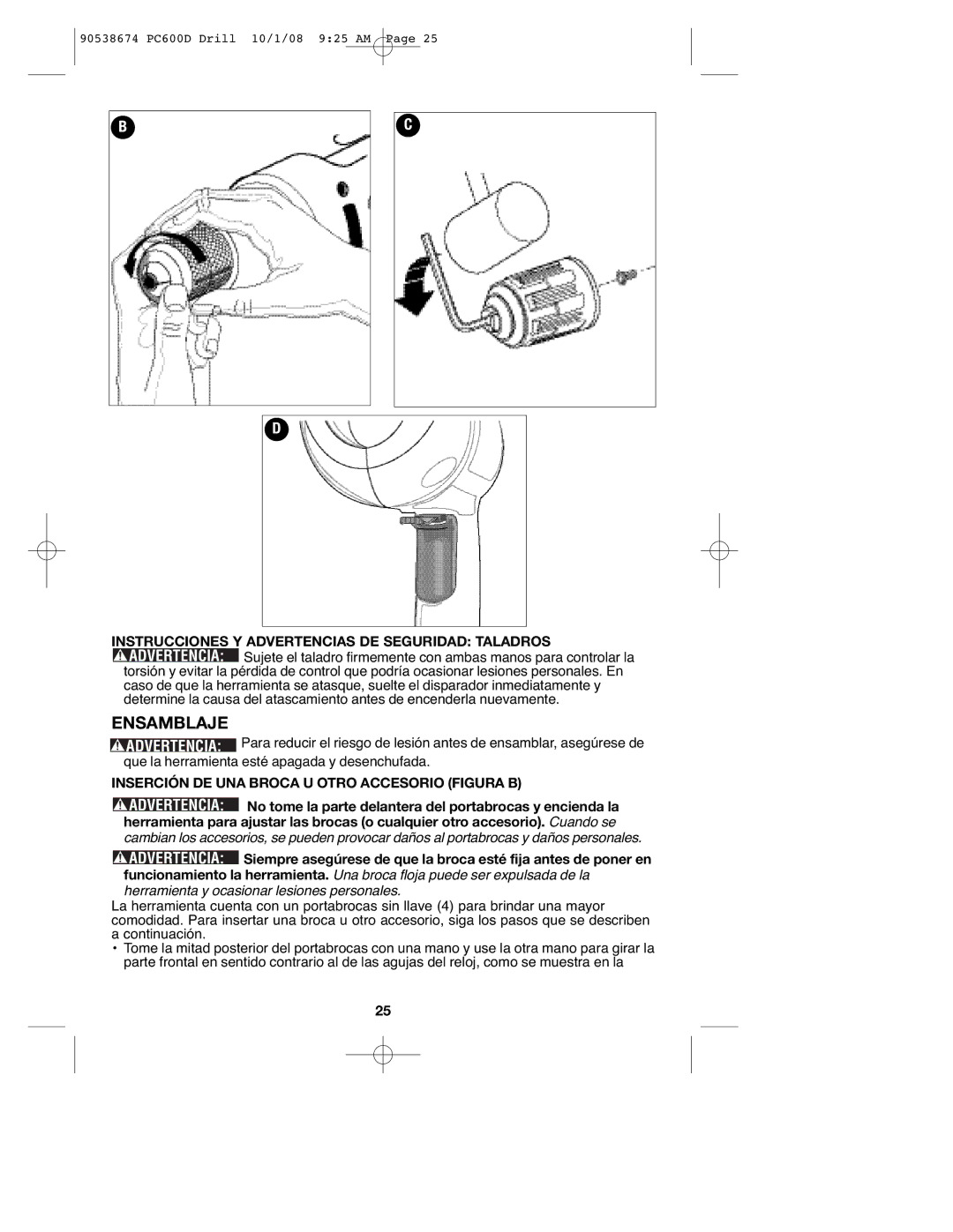 Porter-Cable PC600D, 90538674 instruction manual Ensamblaje, Instrucciones Y Advertencias DE Seguridad Taladros 