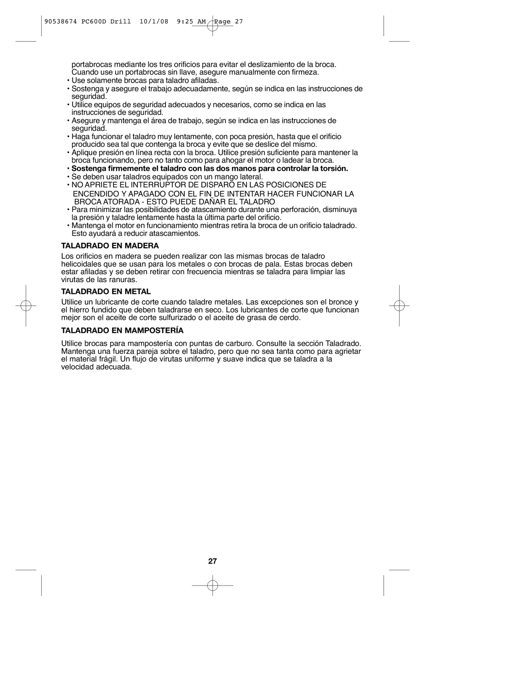 Porter-Cable PC600D, 90538674 instruction manual Taladrado EN Madera, Taladrado EN Metal, Taladrado EN Mampostería 