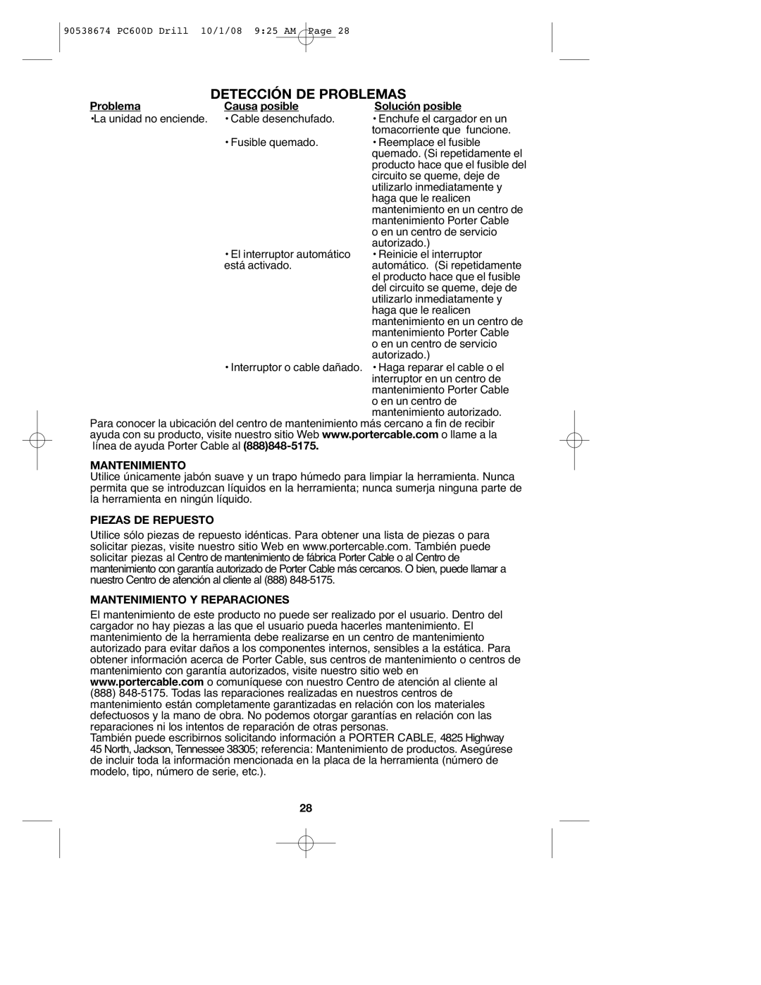 Porter-Cable 90538674, PC600D instruction manual Detección DE Problemas, Piezas DE Repuesto Mantenimiento Y Reparaciones 