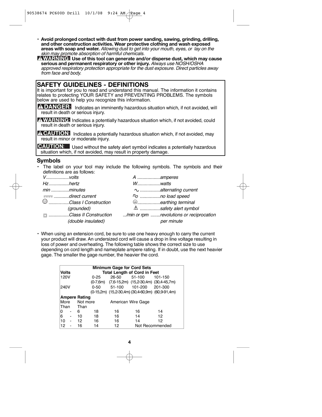 Porter-Cable 90538674, PC600D instruction manual Volts Amperes Hertz Watts, Double insulated Per minute 