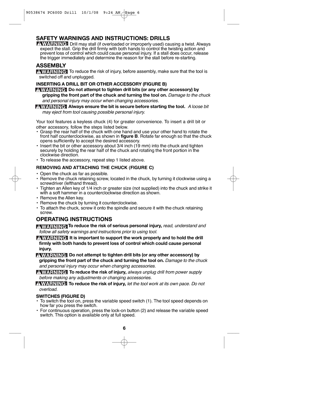 Porter-Cable 90538674, PC600D Safety Warnings and Instructions Drills, Assembly, Operating Instructions, Switches Figure D 