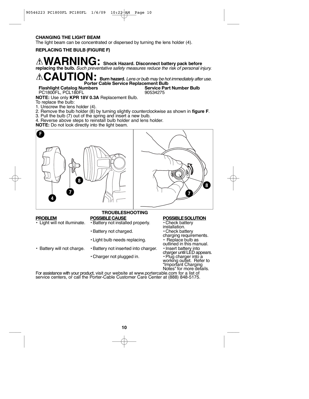 Porter-Cable PCL180FL, 90546223, PC1800FL instruction manual Changing the Light Beam, Replacing the Bulb Figure F 