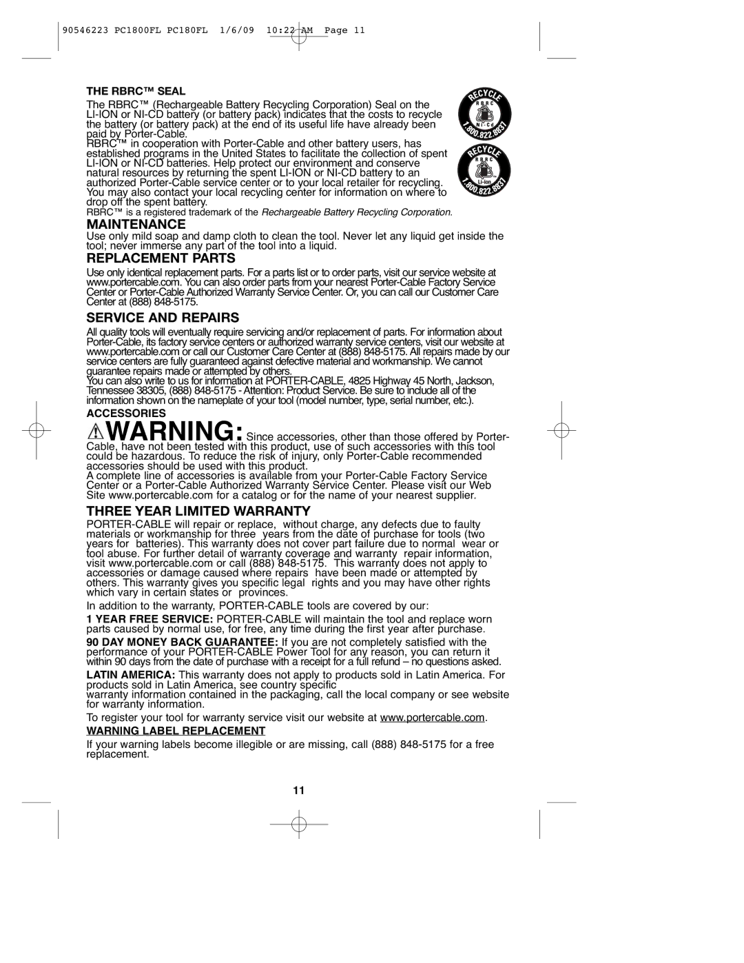 Porter-Cable PC1800FL, 90546223 Maintenance, Replacement Parts Service and Repairs, Three Year Limited Warranty, Rbrc Seal 