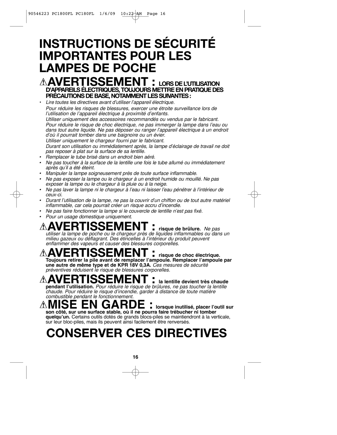 Porter-Cable PCL180FL, 90546223, PC1800FL instruction manual Conserver CES Directives 