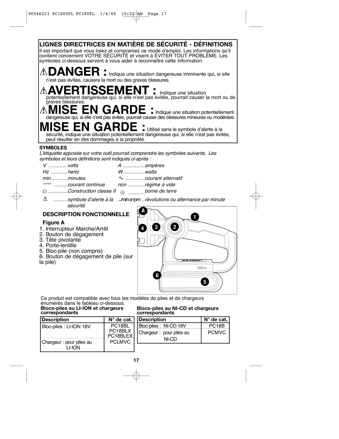 Porter-Cable PC1800FL, 90546223, PCL180FL instruction manual Lignes Directrices EN Matière DE Sécurité Définitions, Symboles 