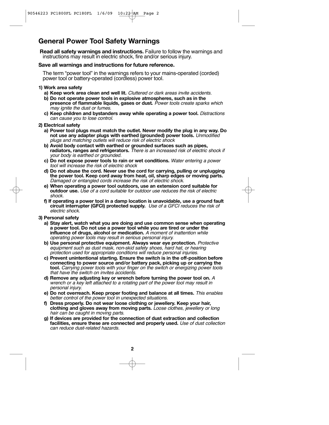 Porter-Cable PC1800FL, 90546223, PCL180FL instruction manual General Power Tool Safety Warnings 