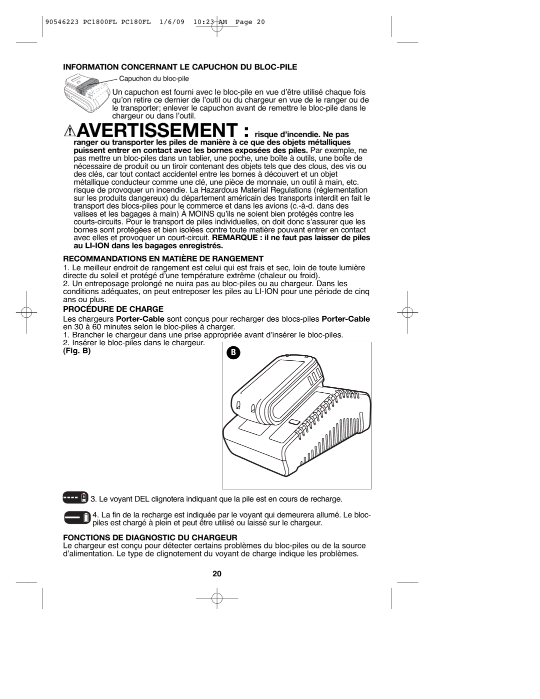 Porter-Cable PC1800FL, 90546223 Information Concernant LE Capuchon DU BLOC-PILE, Recommandations EN Matière DE Rangement 