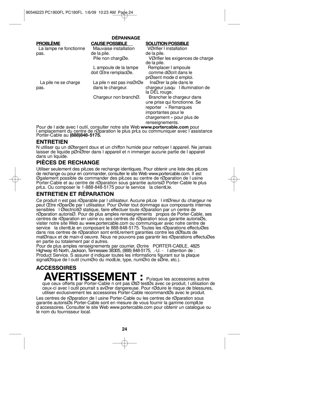 Porter-Cable 90546223 Pièces DE Rechange Entretien ET Réparation, Accessoires, Dépannage Problème, Solution Possible 