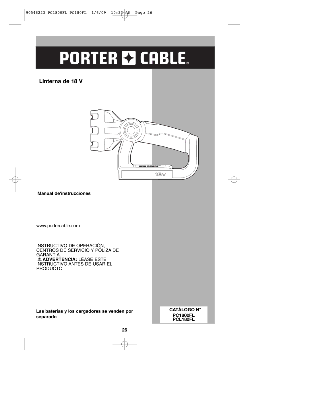 Porter-Cable PC1800FL, 90546223, PCL180FL instruction manual Linterna de 18, Catálogo N 