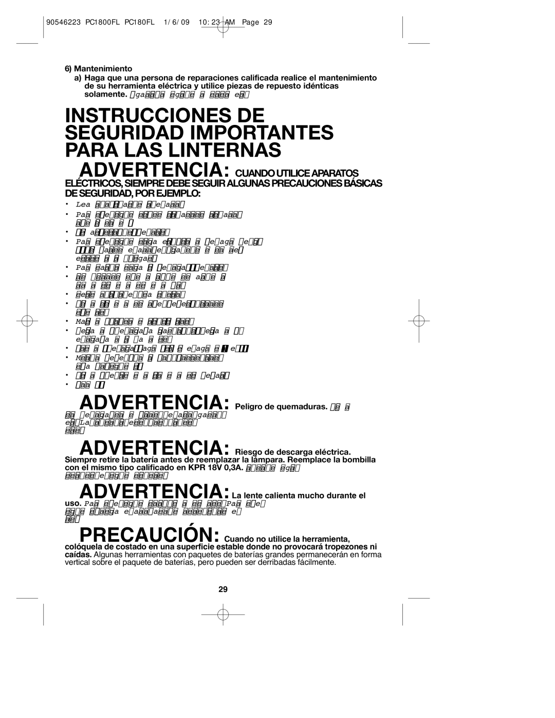 Porter-Cable PC1800FL, 90546223, PCL180FL instruction manual Instrucciones DE Seguridad Importantes Para LAS Linternas 