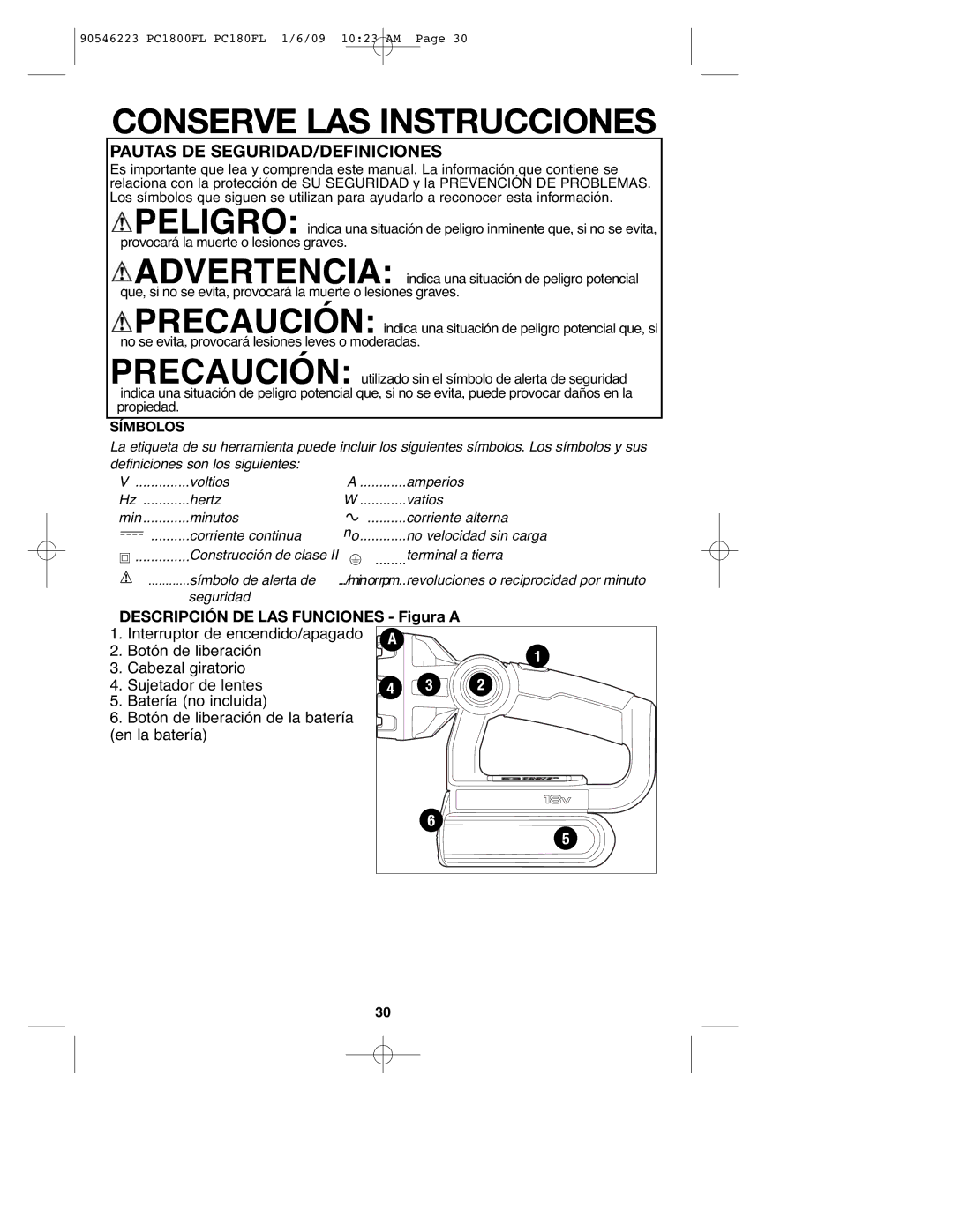 Porter-Cable 90546223, PCL180FL, PC1800FL instruction manual Pautas DE SEGURIDAD/DEFINICIONES, Símbolos 