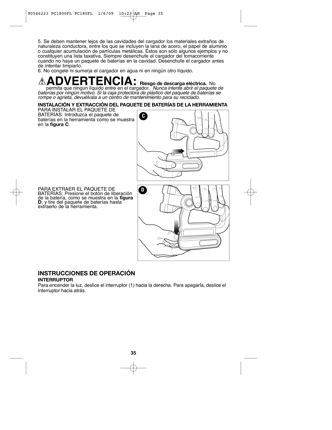 Porter-Cable PC1800FL, 90546223, PCL180FL instruction manual Instrucciones DE Operación, Interruptor 