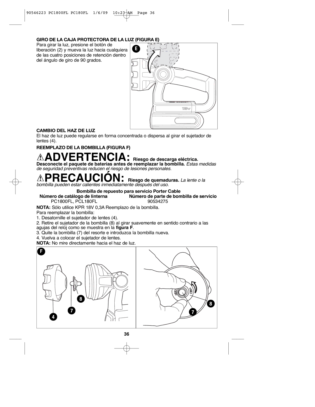 Porter-Cable 90546223, PCL180FL, PC1800FL Giro DE LA Caja Protectora DE LA LUZ Figura E, Cambio DEL HAZ DE LUZ 