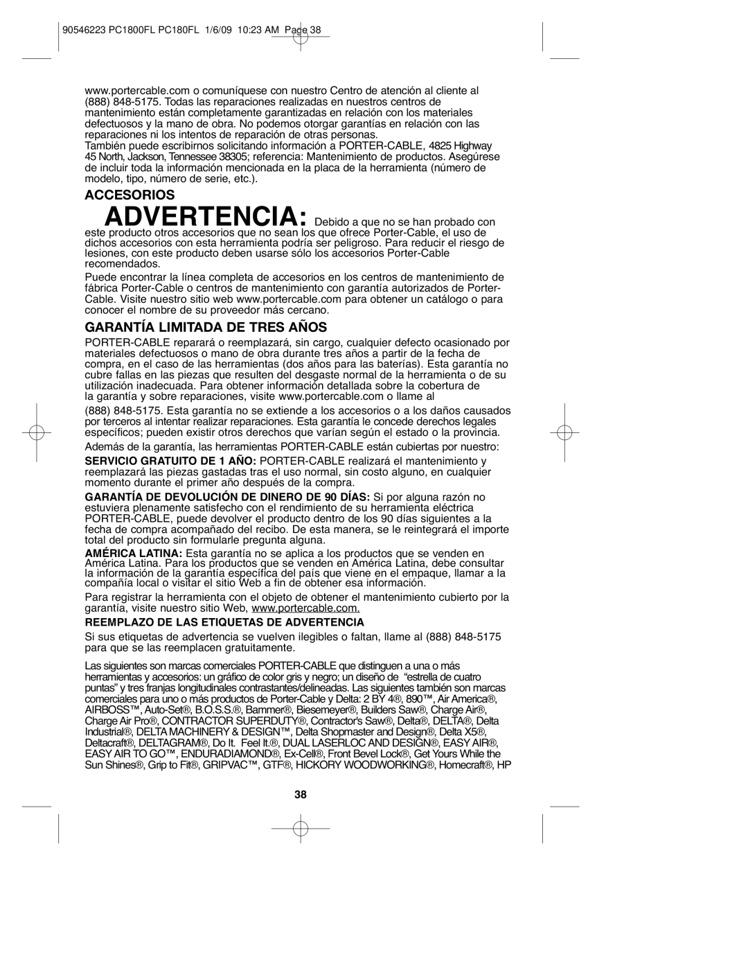 Porter-Cable PC1800FL, 90546223, PCL180FL instruction manual Accesorios, Garantía Limitada DE Tres Años 