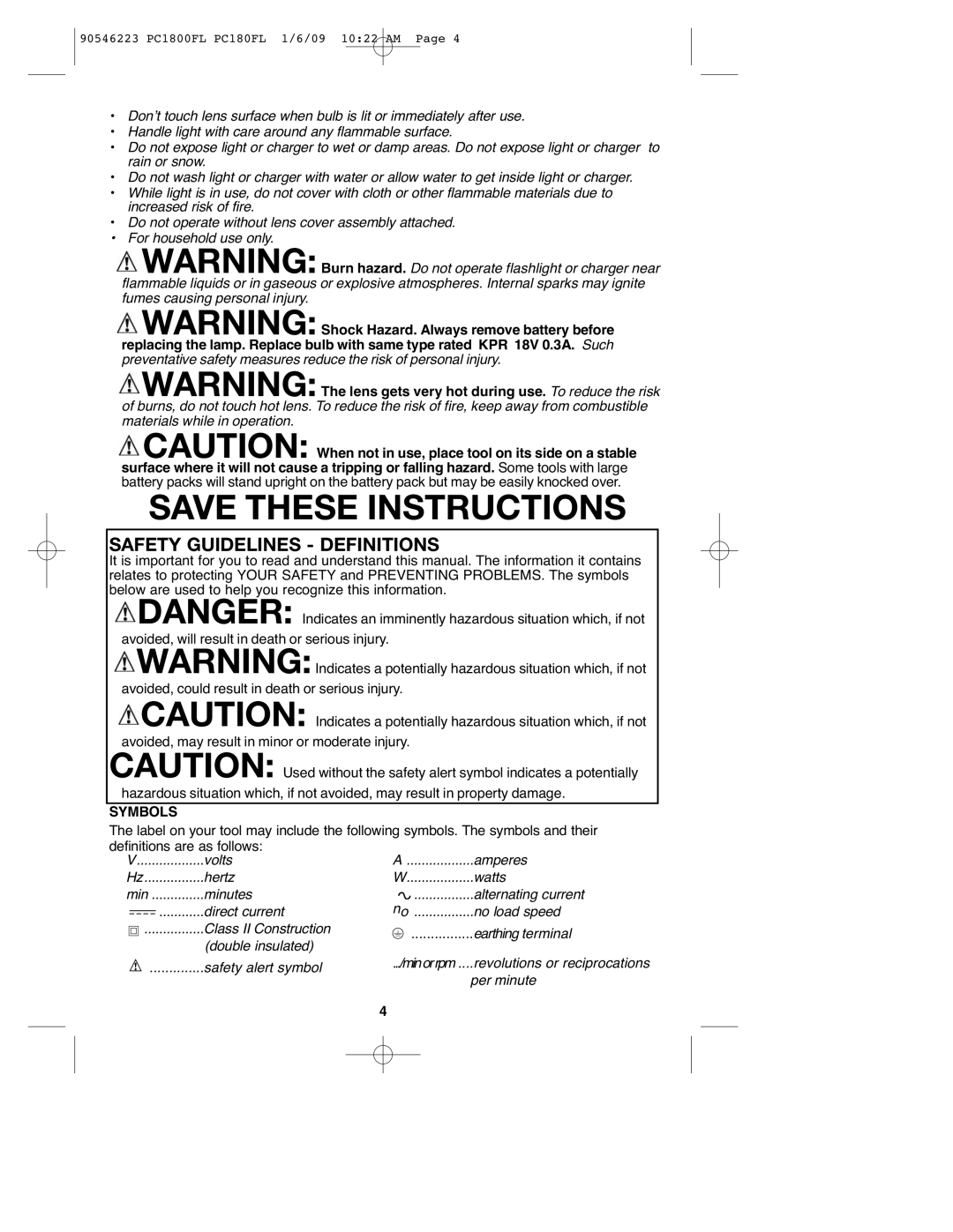 Porter-Cable PCL180FL, 90546223, PC1800FL instruction manual Safety Guidelines Definitions 