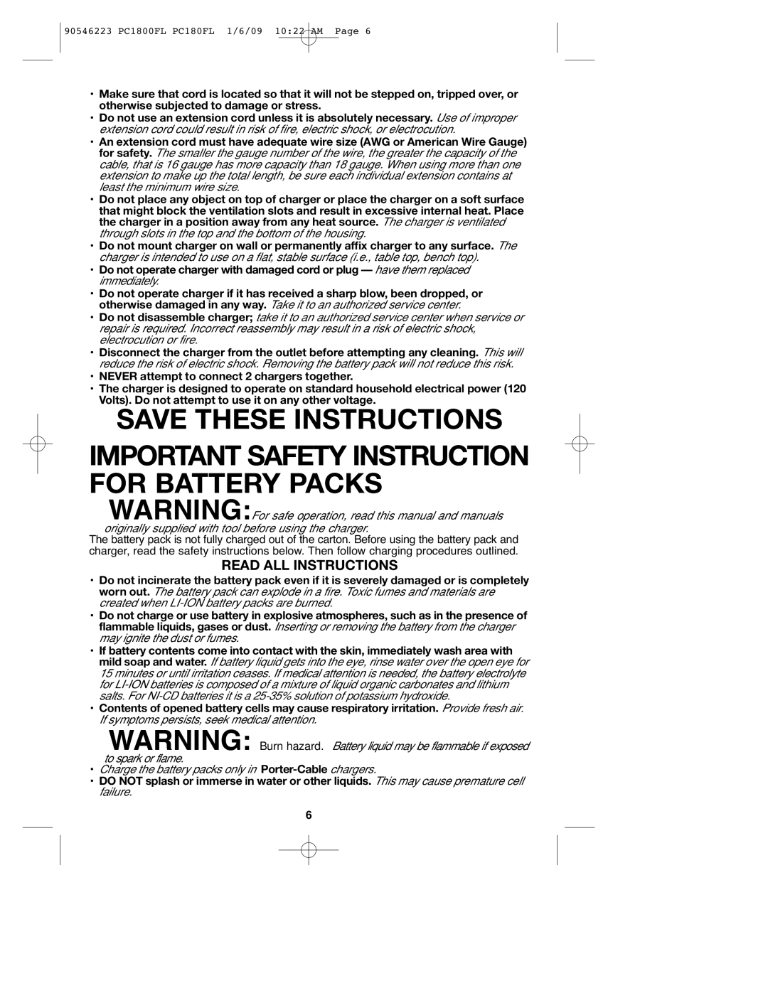 Porter-Cable 90546223, PCL180FL, PC1800FL Important Safety Instruction for Battery Packs, Read ALL Instructions 