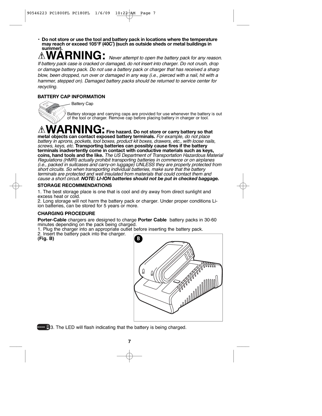 Porter-Cable PCL180FL, 90546223, PC1800FL Battery CAP Information, Storage Recommendations, Charging Procedure 