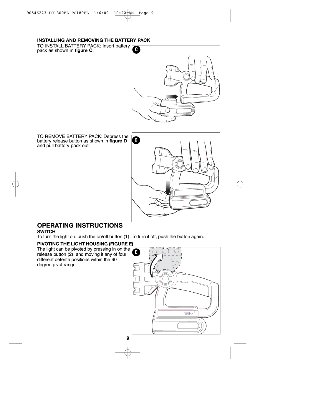 Porter-Cable 90546223, PCL180FL, PC1800FL instruction manual Installing and Removing the Battery Pack, Switch 