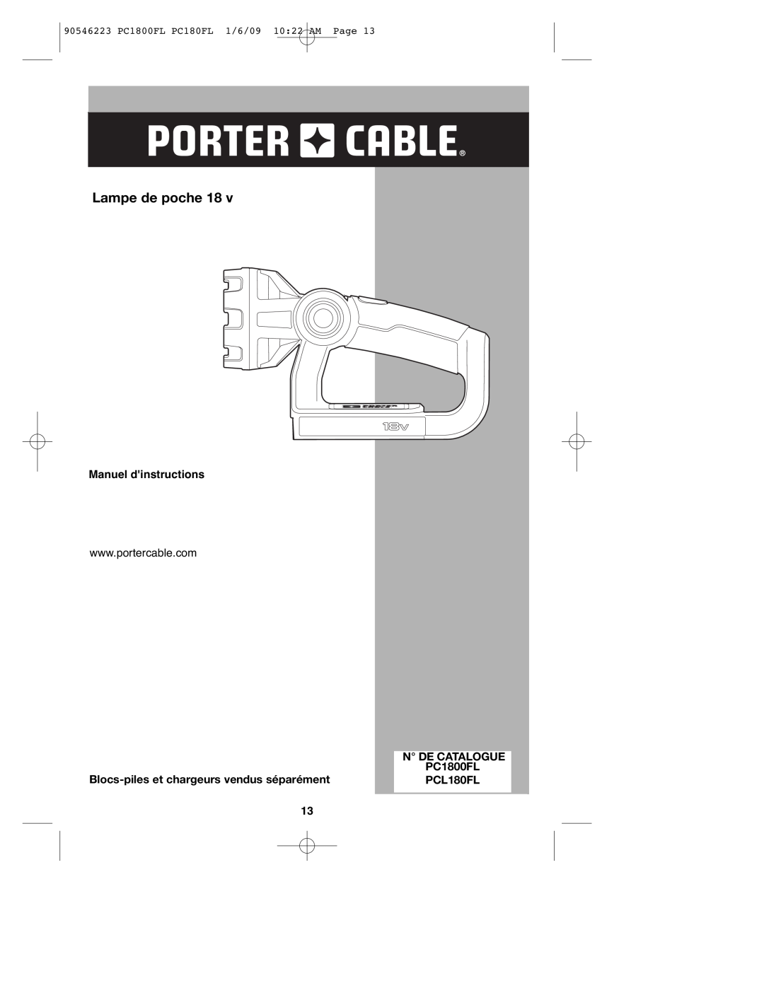 Porter-Cable PCL180FL Lampe de poche, Manuel dinstructions, 90546223 PC1800FL PC180FL 1/6/09 10 22 AM Page 