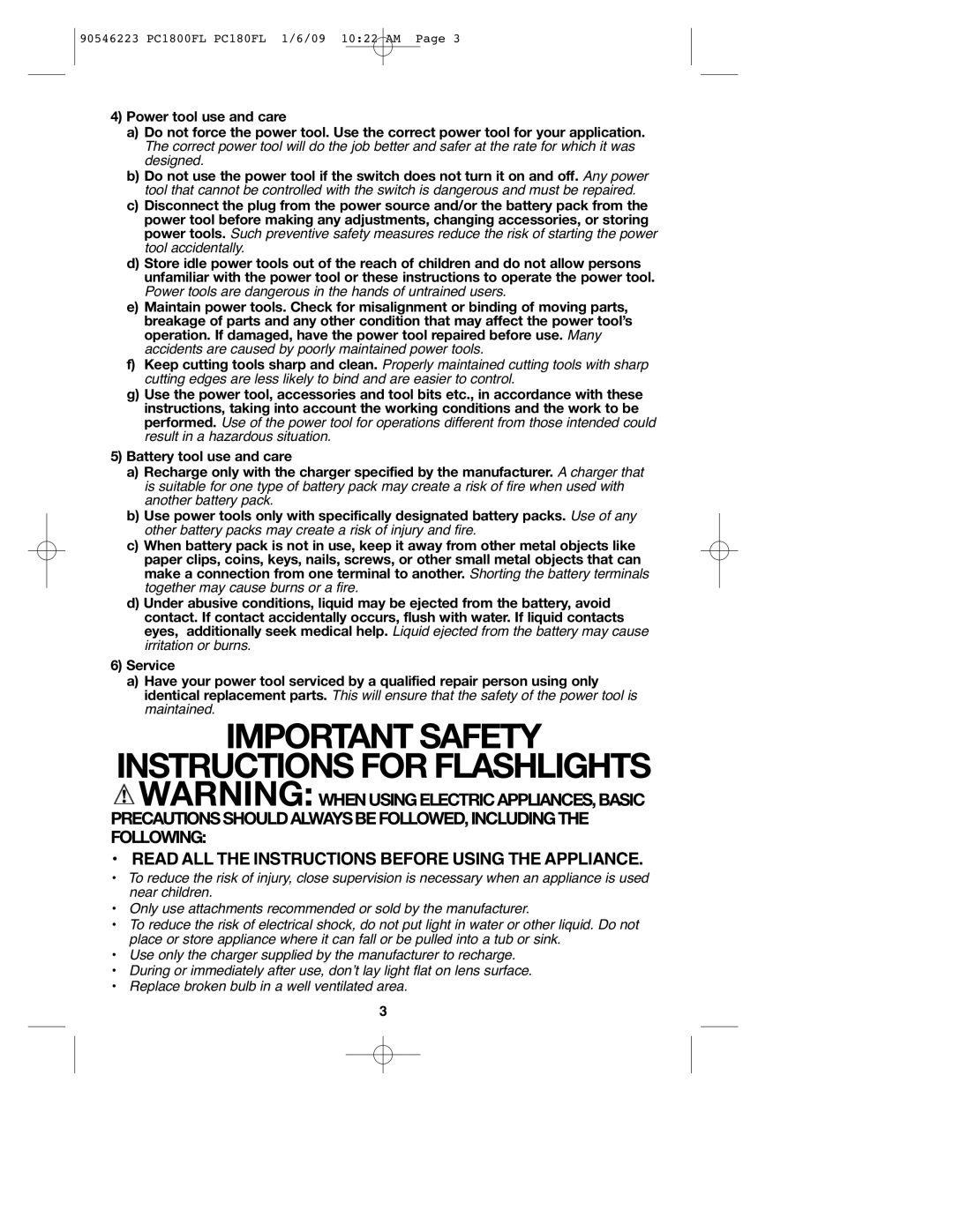 Porter-Cable 90546223, PCL180FL, PC1800FL instruction manual Important Safety Instructions For Flashlights 