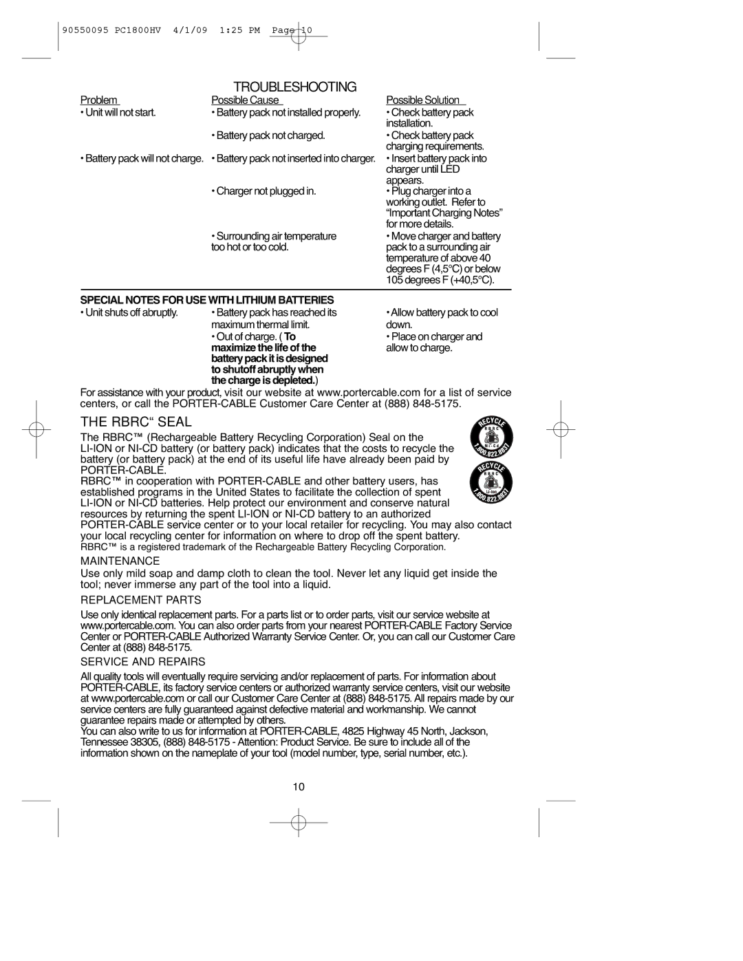 Porter-Cable 90550095, PC1800HV Troubleshooting, Rbrc Seal, Specialnotes for USE with Lithium Batteries, Maintenance 