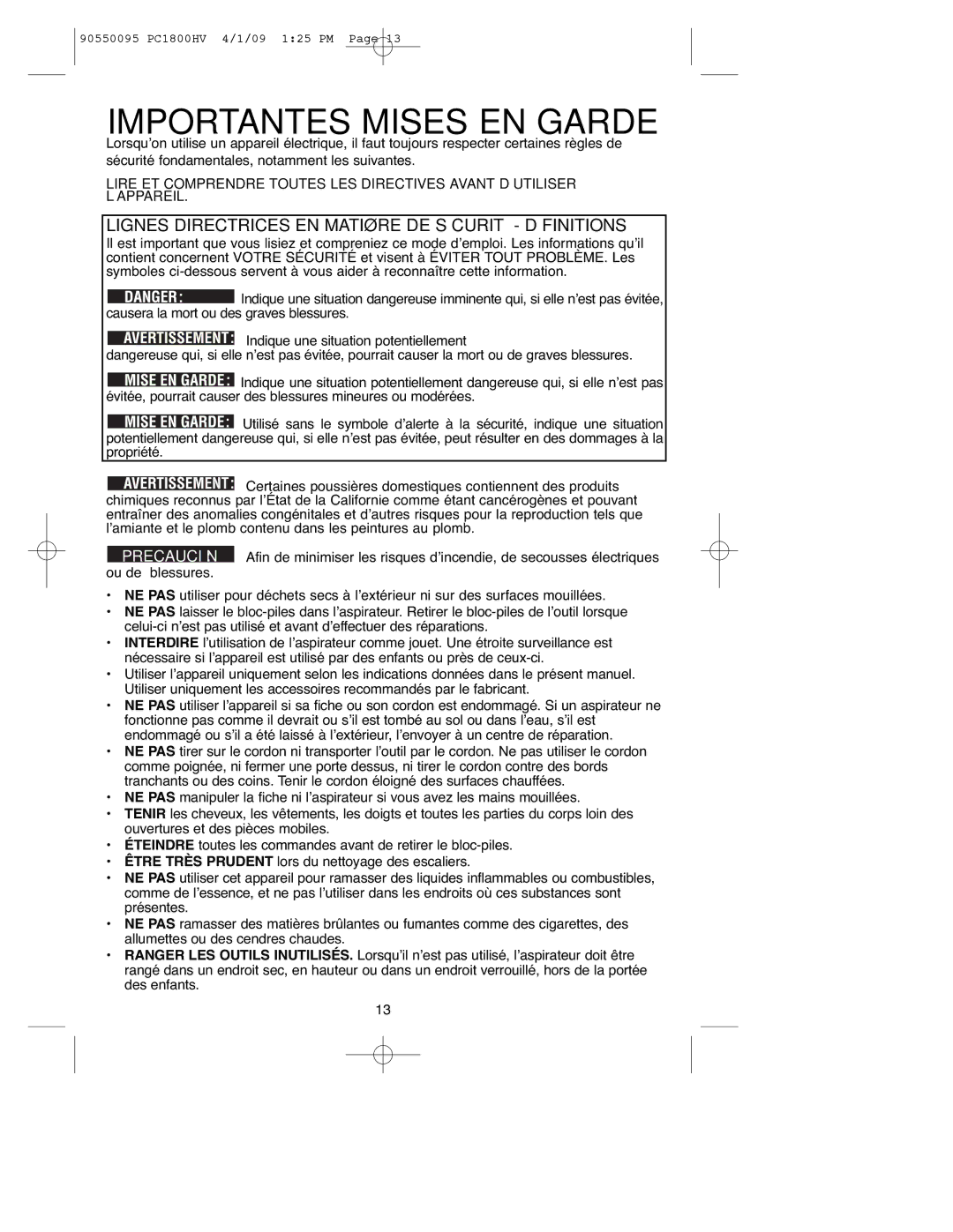 Porter-Cable PC1800HV, 90550095 Importantes Mises EN Garde, Lignes Directrices EN Matière DE Sécurité Définitions 