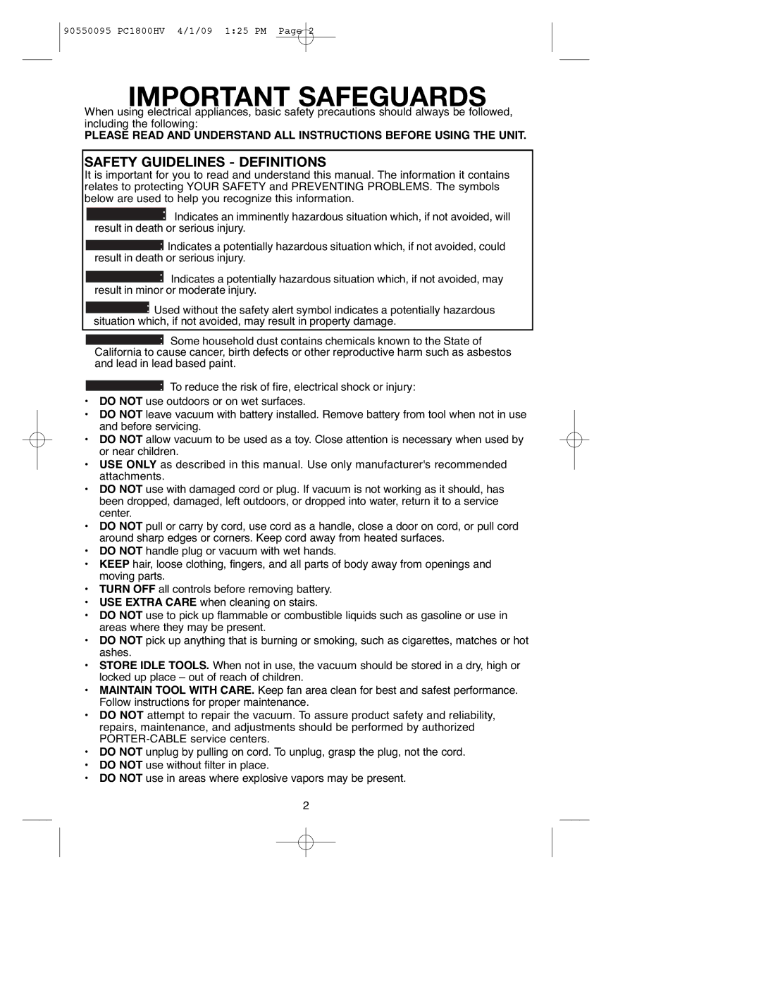 Porter-Cable 90550095, PC1800HV instruction manual Important Safeguards, Safety Guidelines Definitions 