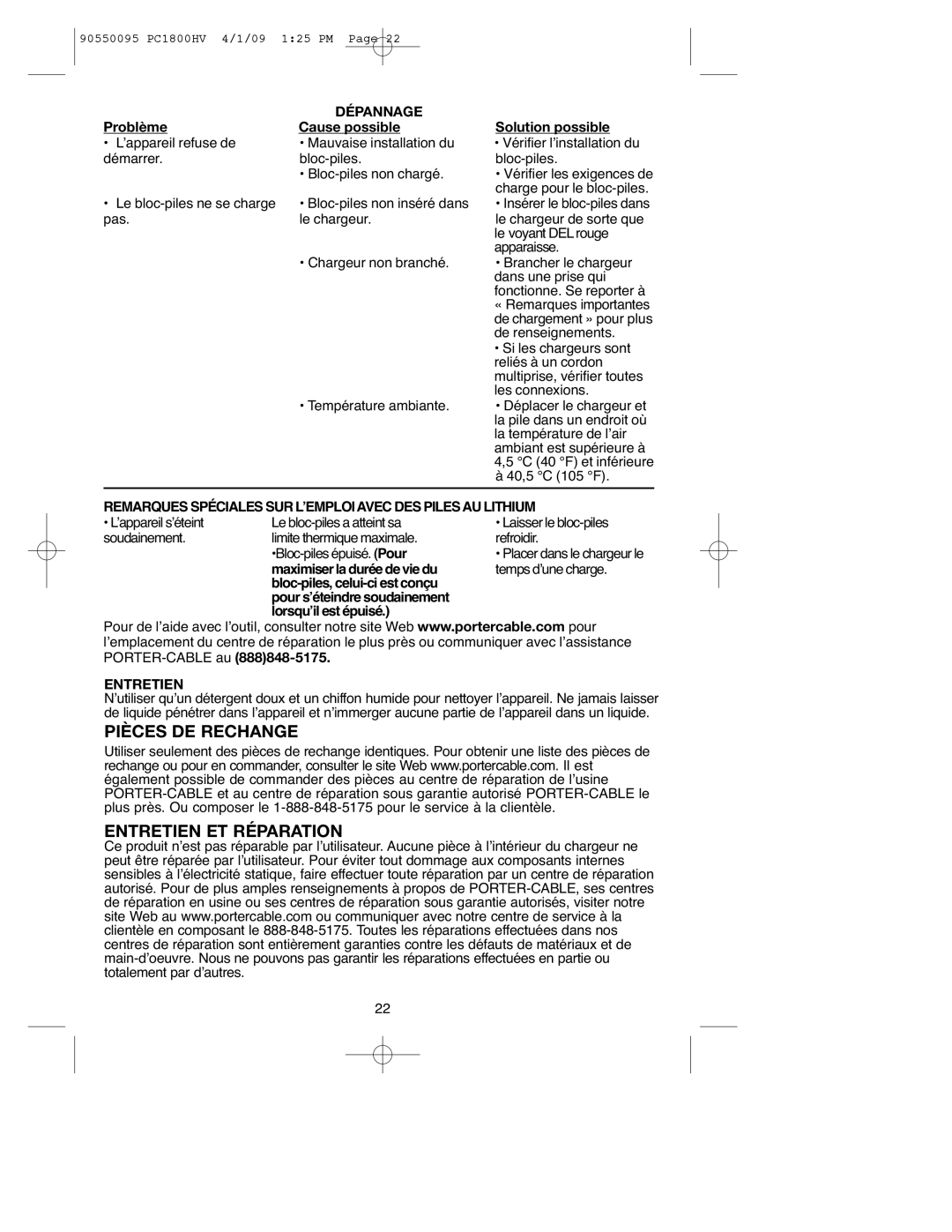 Porter-Cable 90550095, PC1800HV Pièces DE Rechange Entretien ET Réparation, Dépannage, Maximiserladuréedeviedu 