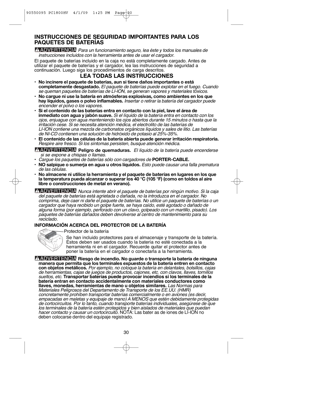 Porter-Cable 90550095, PC1800HV LEA Todas LAS Instrucciones, Información Acerca DEL Protector DE LA Batería 