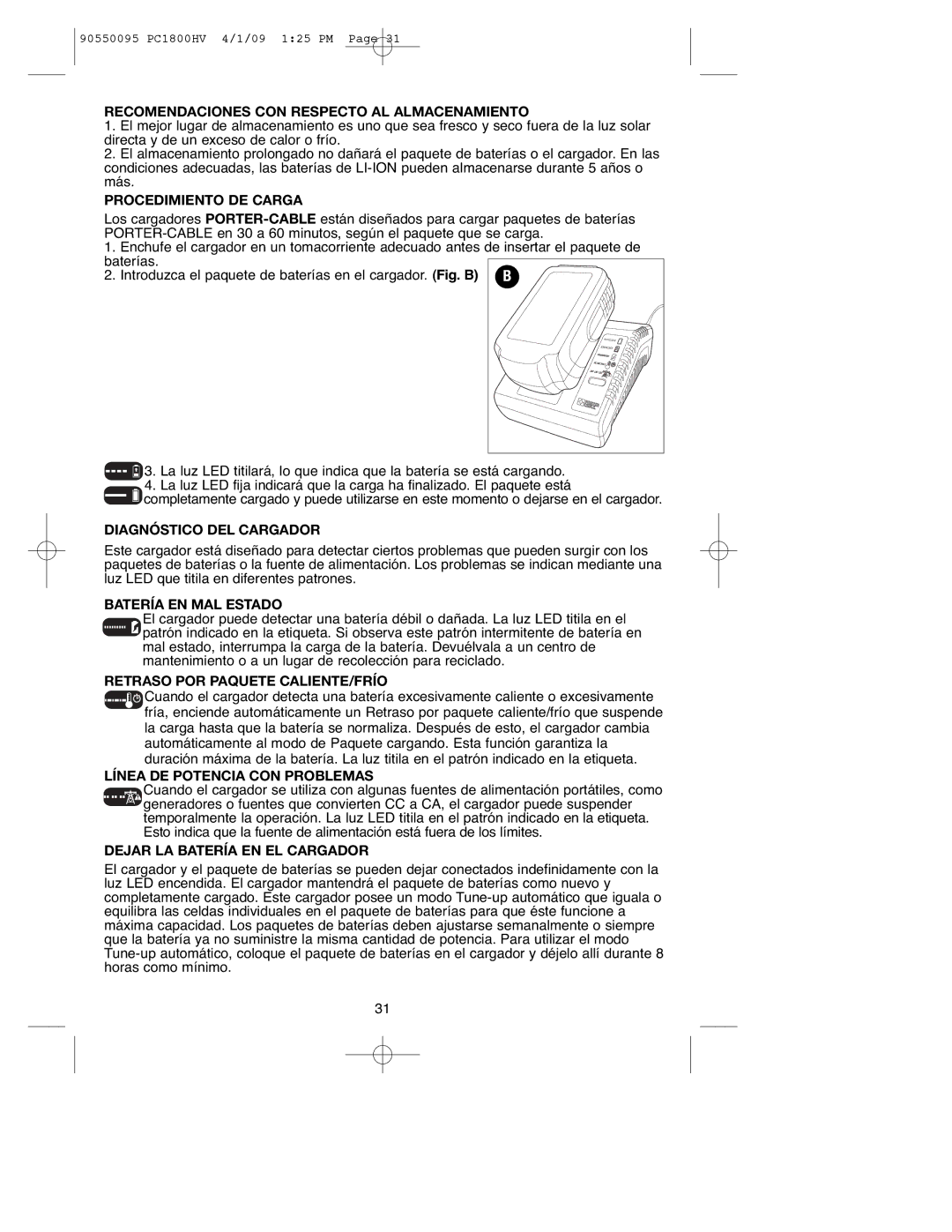 Porter-Cable PC1800HV Recomendaciones CON Respecto AL Almacenamiento, Procedimiento DE Carga, Diagnóstico DEL Cargador 