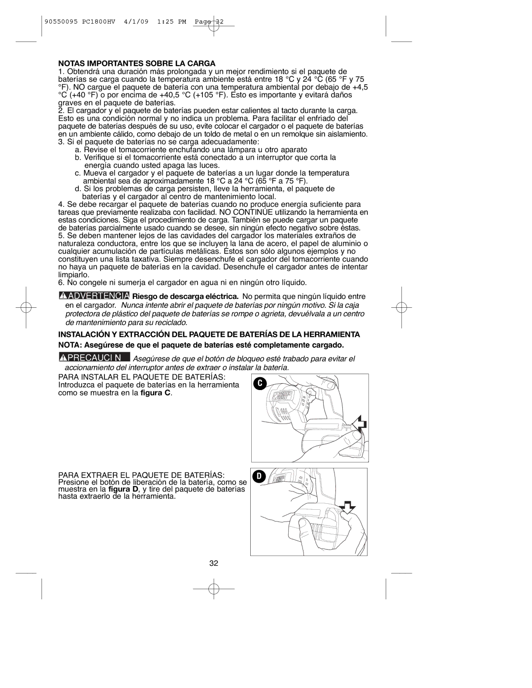 Porter-Cable 90550095, PC1800HV instruction manual Notas Importantes Sobre LA Carga 