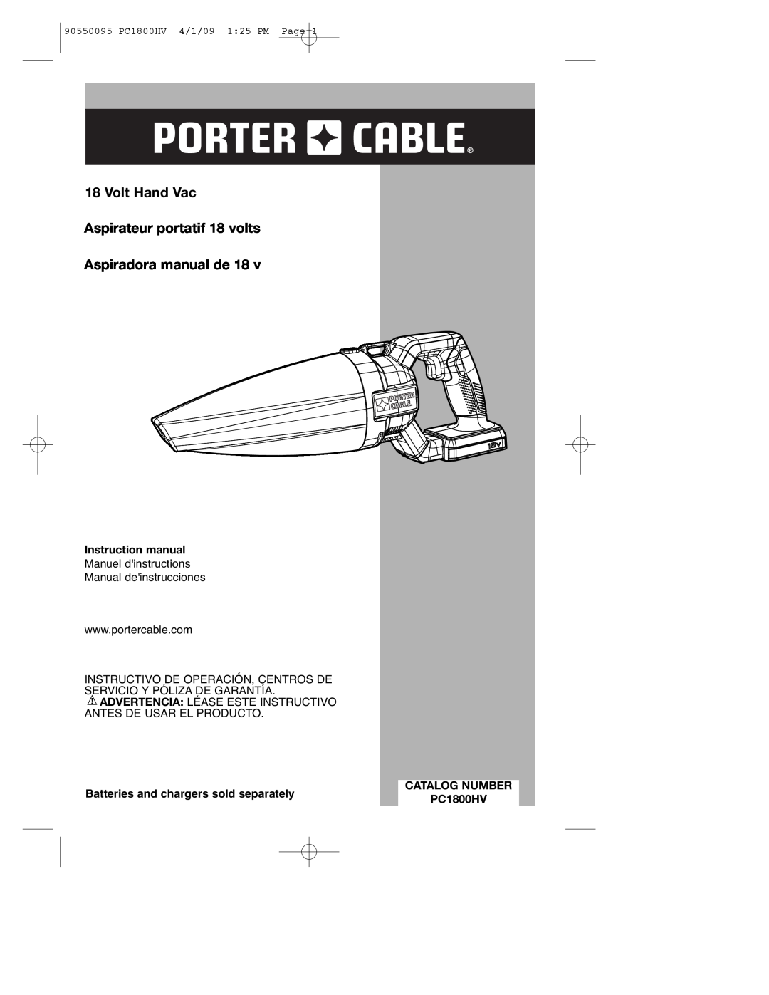Porter-Cable PC1800HV instruction manual Volt Hand Vac Aspirateur portatif 18 volts, Aspiradora manual de, Catalog Number 
