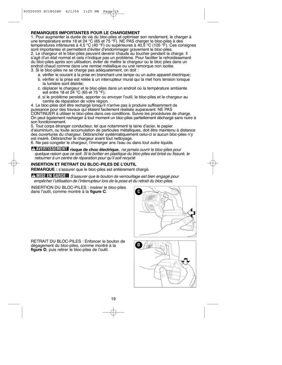 Porter-Cable PC1800HV, 90550095 Remarques Importantes Pour Le Chargement, Insertion Et Retrait Du Bloc-Pilesde L’Outil 