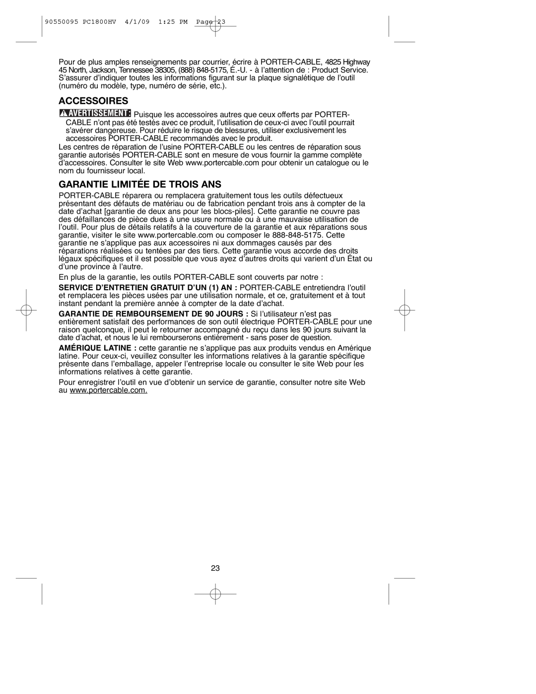 Porter-Cable PC1800HV, 90550095 instruction manual Accessoires, Garantie Limitée De Trois Ans 