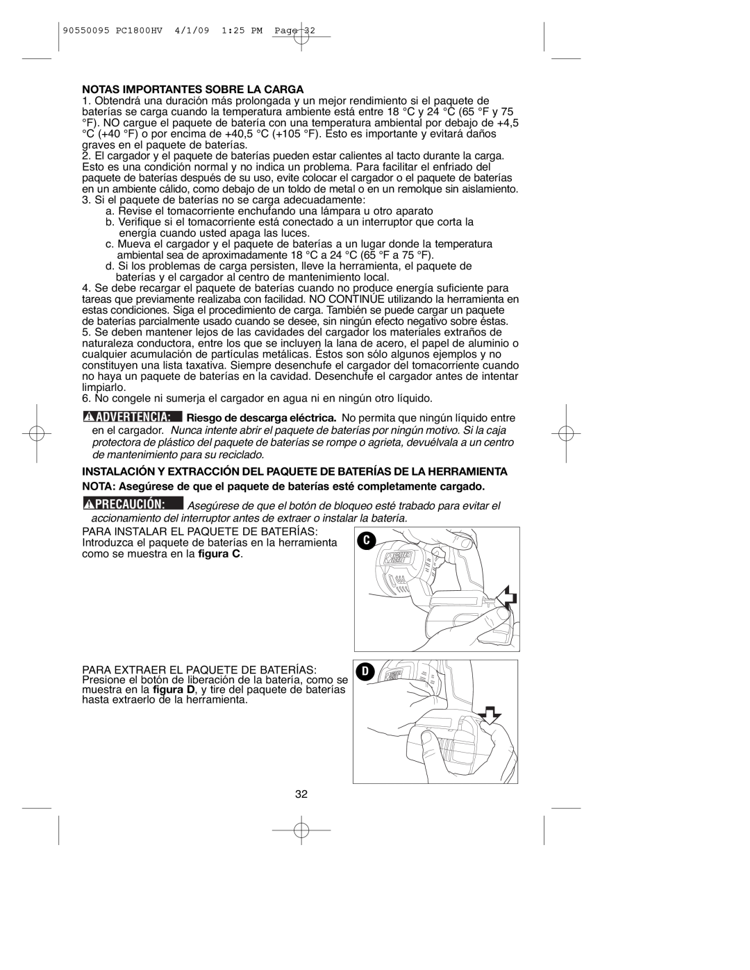 Porter-Cable 90550095, PC1800HV instruction manual Notas Importantes Sobre La Carga 
