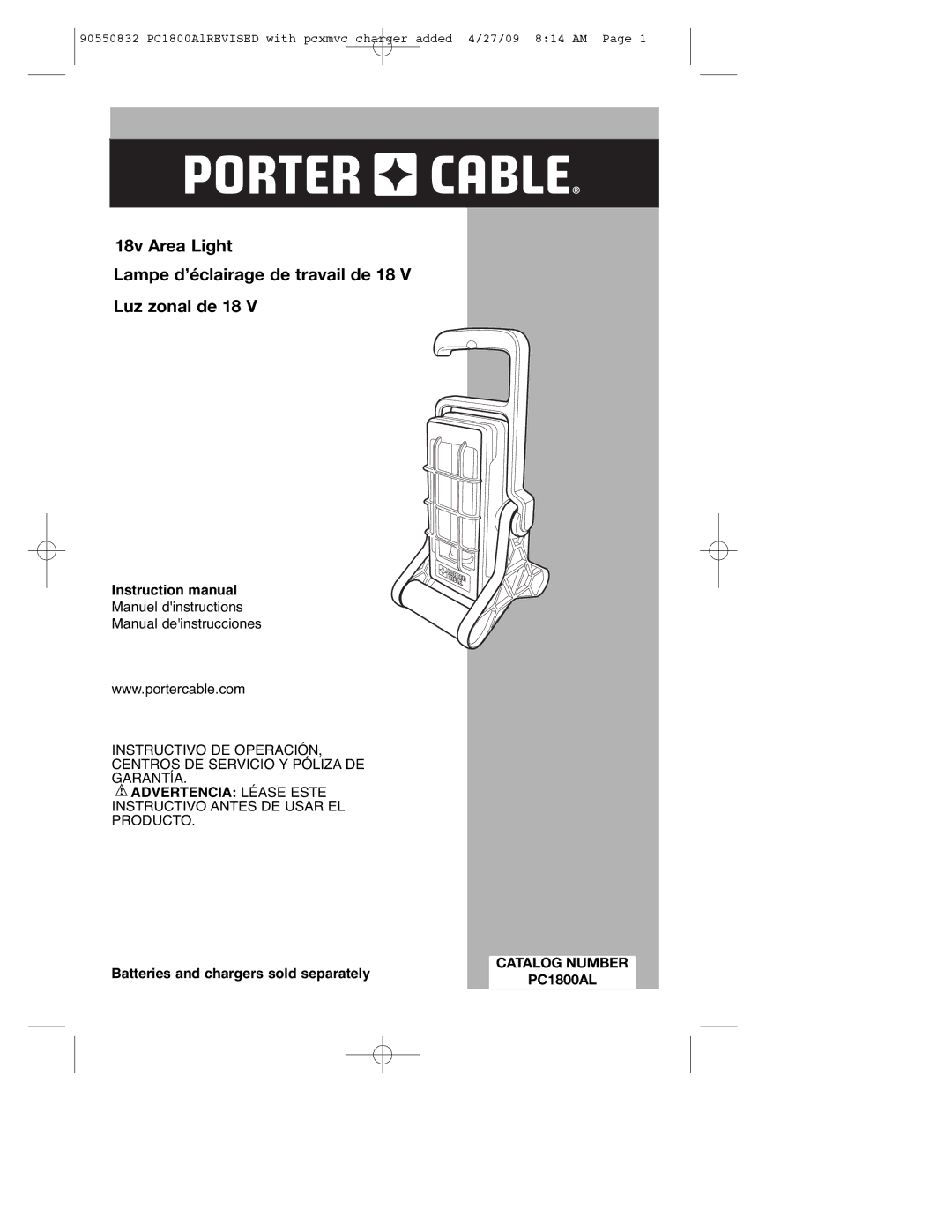 Porter-Cable PC1800AL, 90550832 instruction manual Catalog Number 