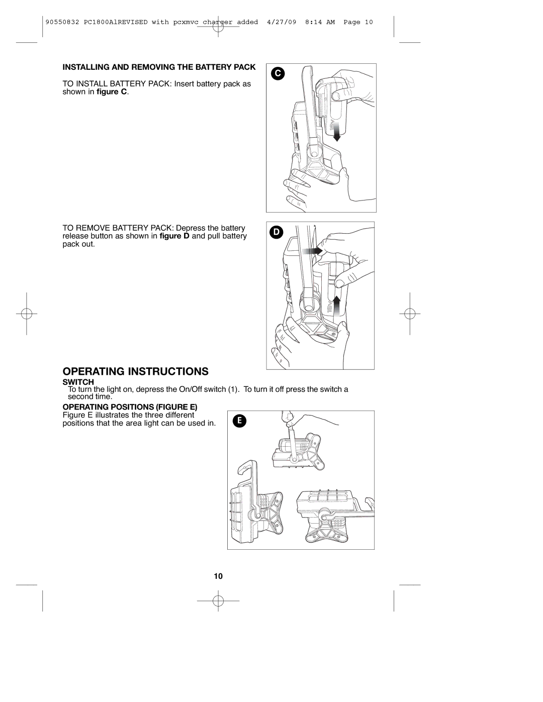 Porter-Cable 90550832, PC1800AL instruction manual Installing and Removing the Battery Pack, Switch 