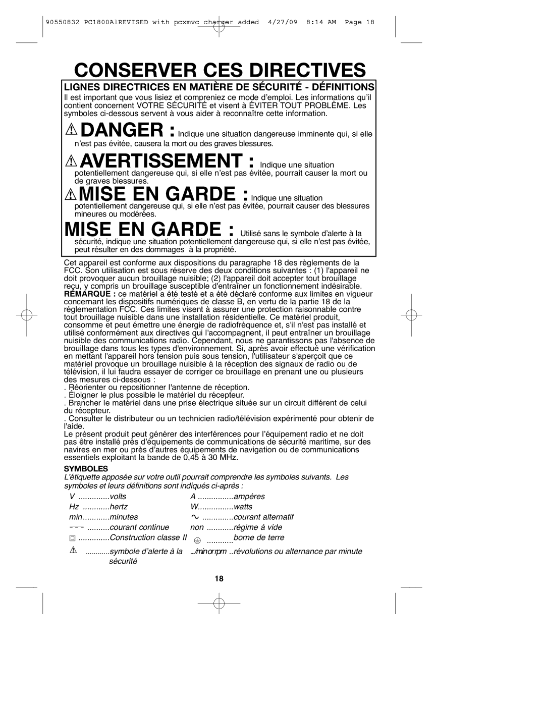 Porter-Cable 90550832, PC1800AL instruction manual Lignes Directrices EN Matière DE Sécurité Définitions, Symboles 