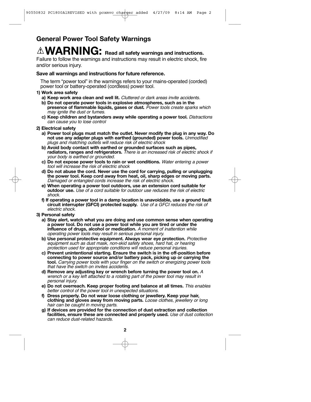 Porter-Cable 90550832, PC1800AL instruction manual General Power Tool Safety Warnings 