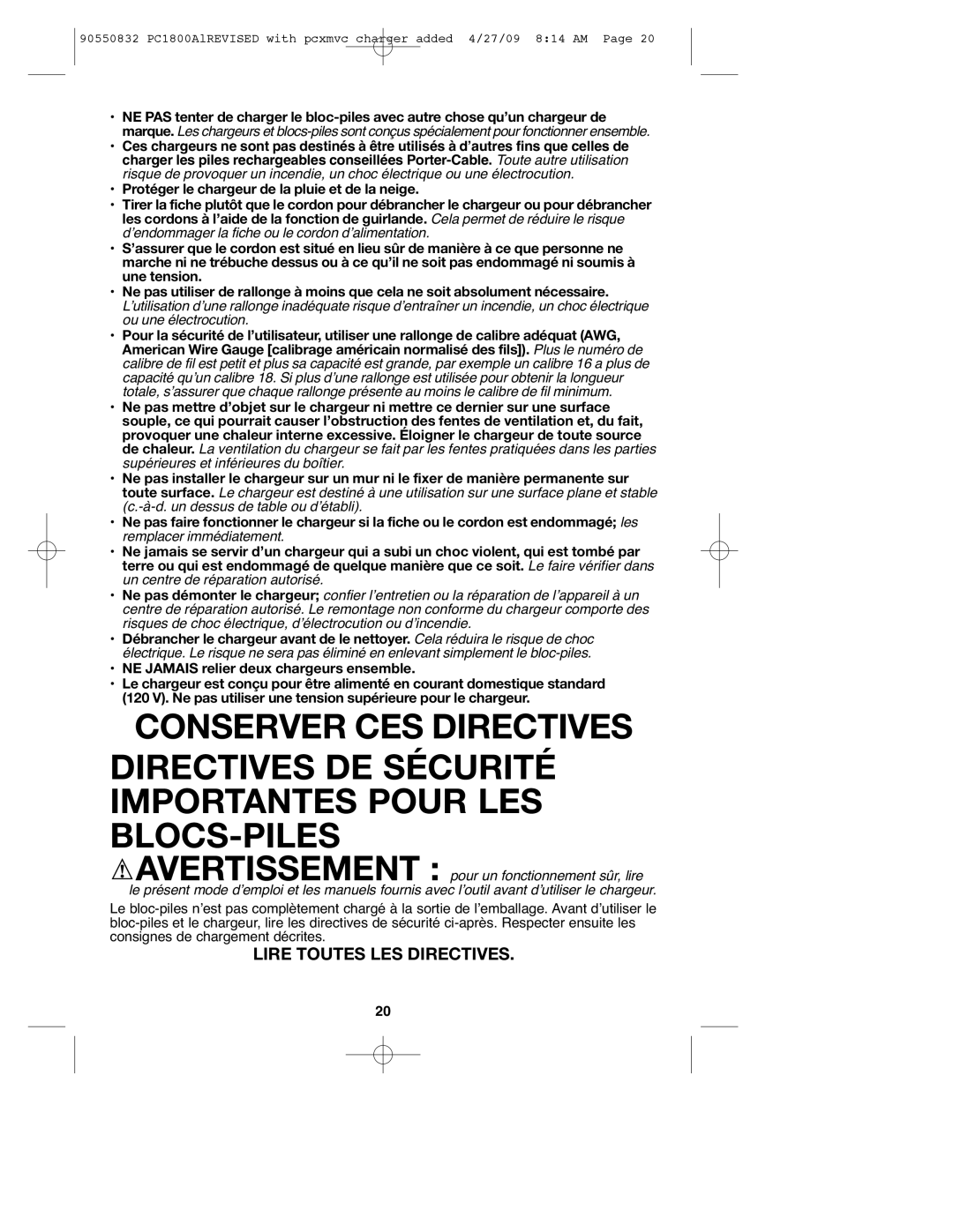 Porter-Cable 90550832, PC1800AL instruction manual Lire Toutes LES Directives 