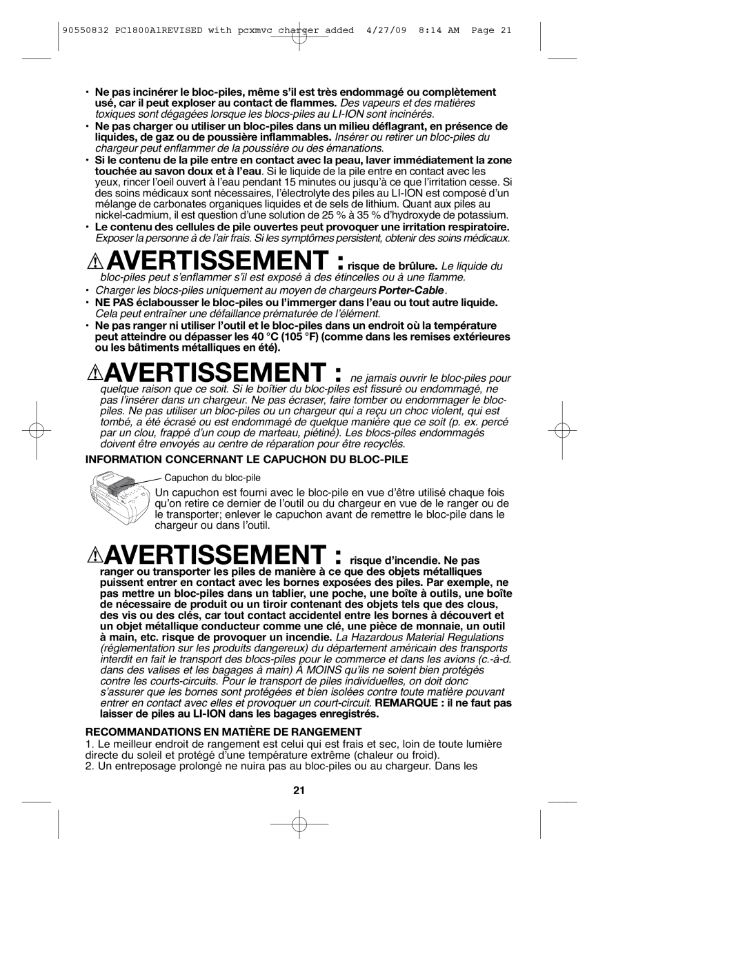 Porter-Cable PC1800AL, 90550832 Information Concernant LE Capuchon DU BLOC-PILE, Recommandations EN Matière DE Rangement 