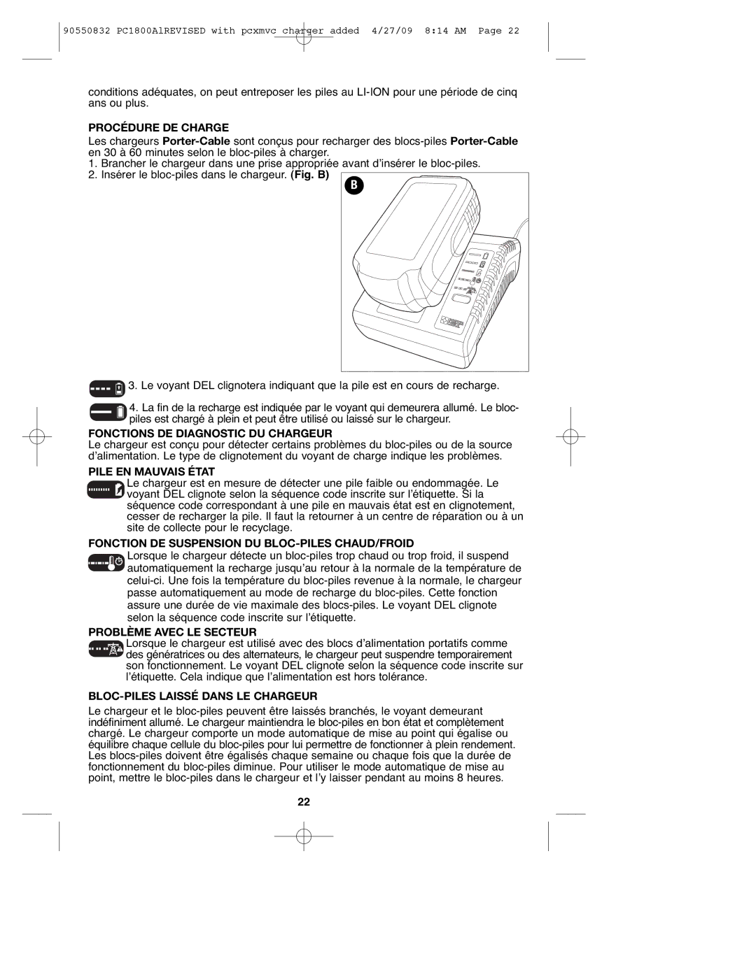 Porter-Cable 90550832, PC1800AL Procédure DE Charge, Fonctions DE Diagnostic DU Chargeur, Pile EN Mauvais État 