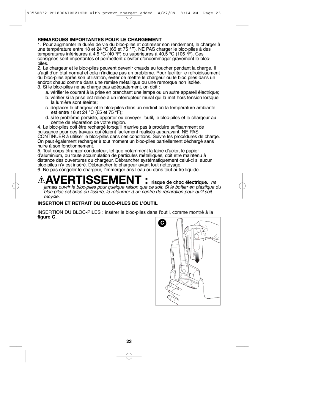 Porter-Cable PC1800AL, 90550832 Remarques Importantes Pour LE Chargement, Insertion ET Retrait DU BLOC-PILES DE L’OUTIL 