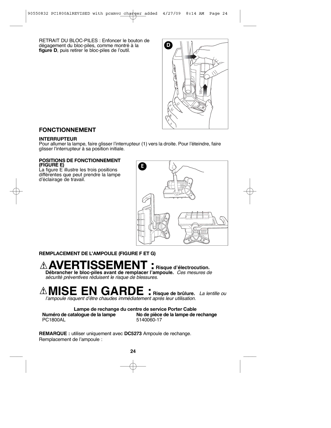 Porter-Cable 90550832 Interrupteur, Positions DE Fonctionnement Figure E, Remplacement DE L’AMPOULE Figure F ET G 