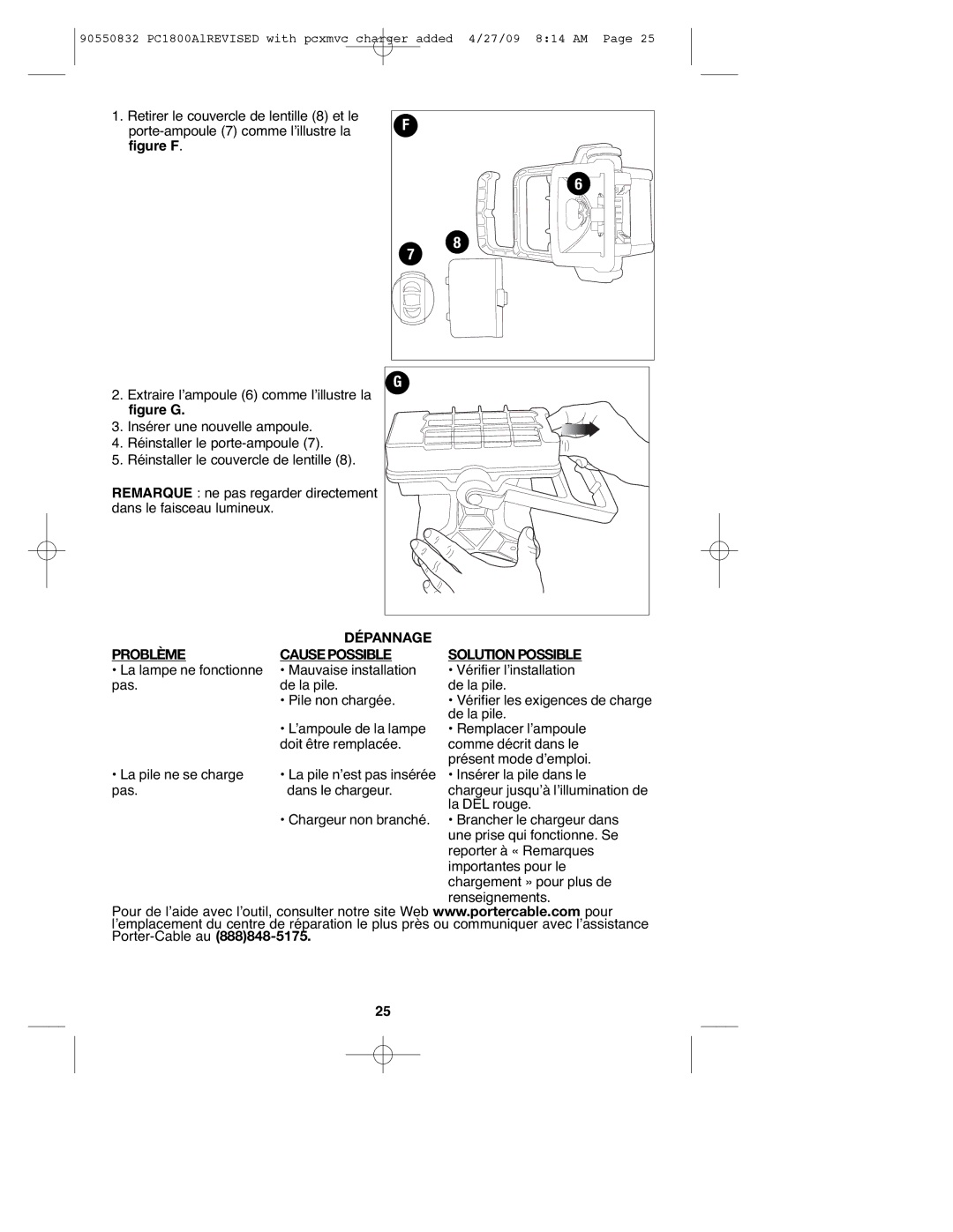 Porter-Cable PC1800AL, 90550832 instruction manual Dépannage Problème Cause Possible Solution Possible 