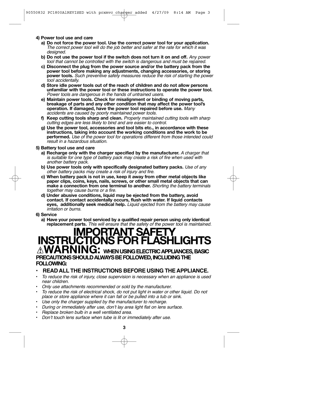 Porter-Cable PC1800AL, 90550832 instruction manual Important Safety Instructions for Flashlights 