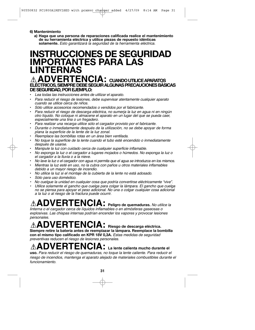 Porter-Cable PC1800AL, 90550832 instruction manual Instrucciones DE Seguridad Importantes Para LAS Linternas 