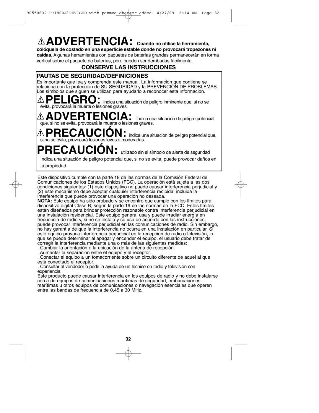 Porter-Cable 90550832, PC1800AL instruction manual Conserve LAS Instrucciones Pautas DE SEGURIDAD/DEFINICIONES 