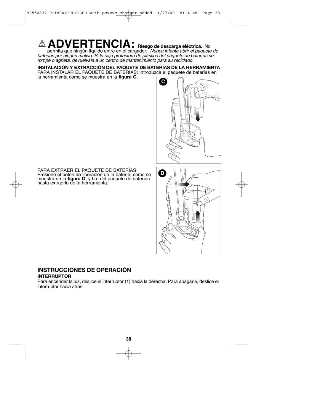 Porter-Cable 90550832, PC1800AL instruction manual Instrucciones DE Operación, Interruptor 