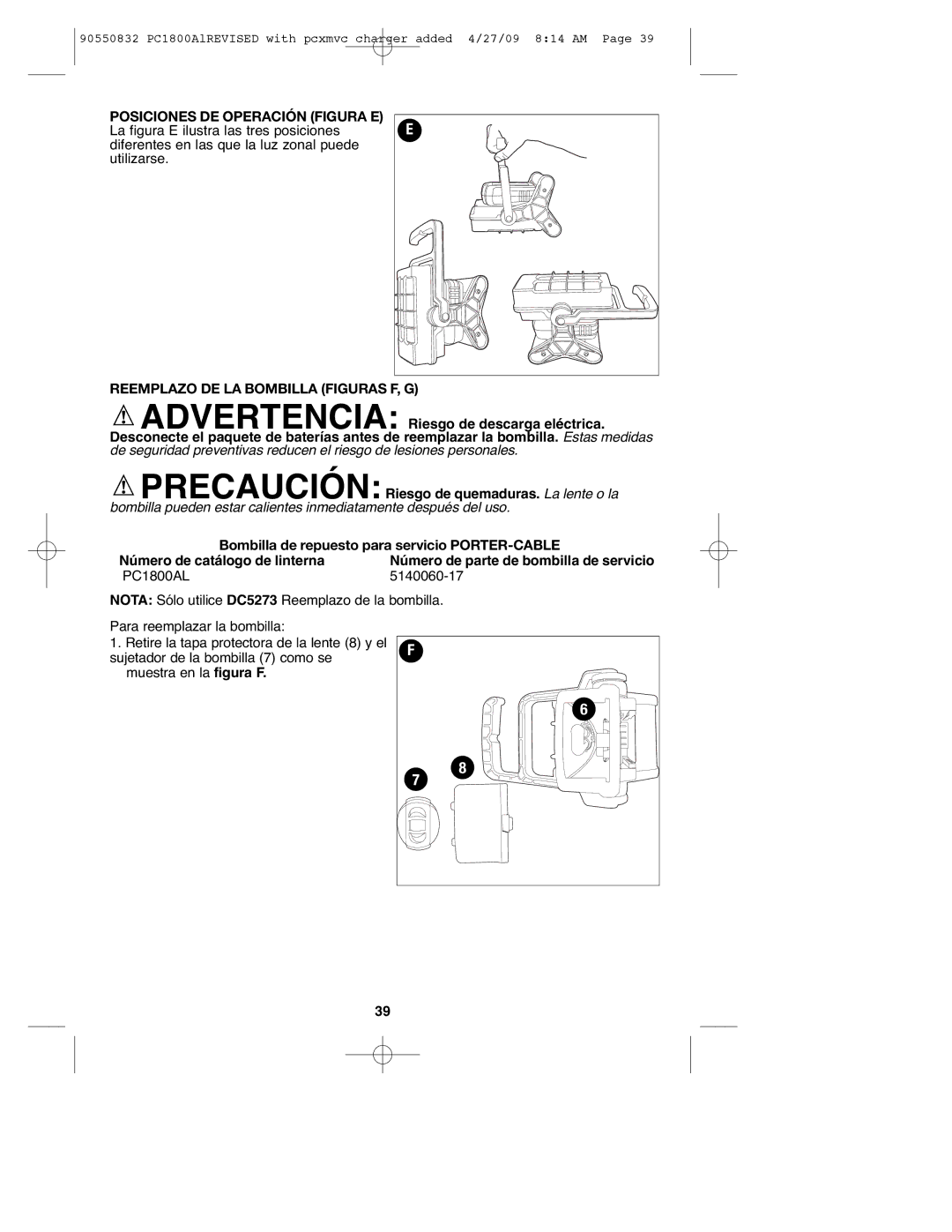 Porter-Cable PC1800AL, 90550832 instruction manual Posiciones DE Operación Figura E, Reemplazo DE LA Bombilla Figuras F, G 